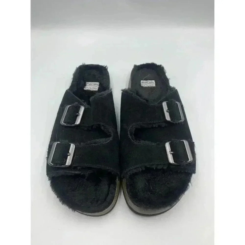 Earth Origins FauxFur Double Strap Buckle Slide Sandal Chill Cali Black Size 10 
